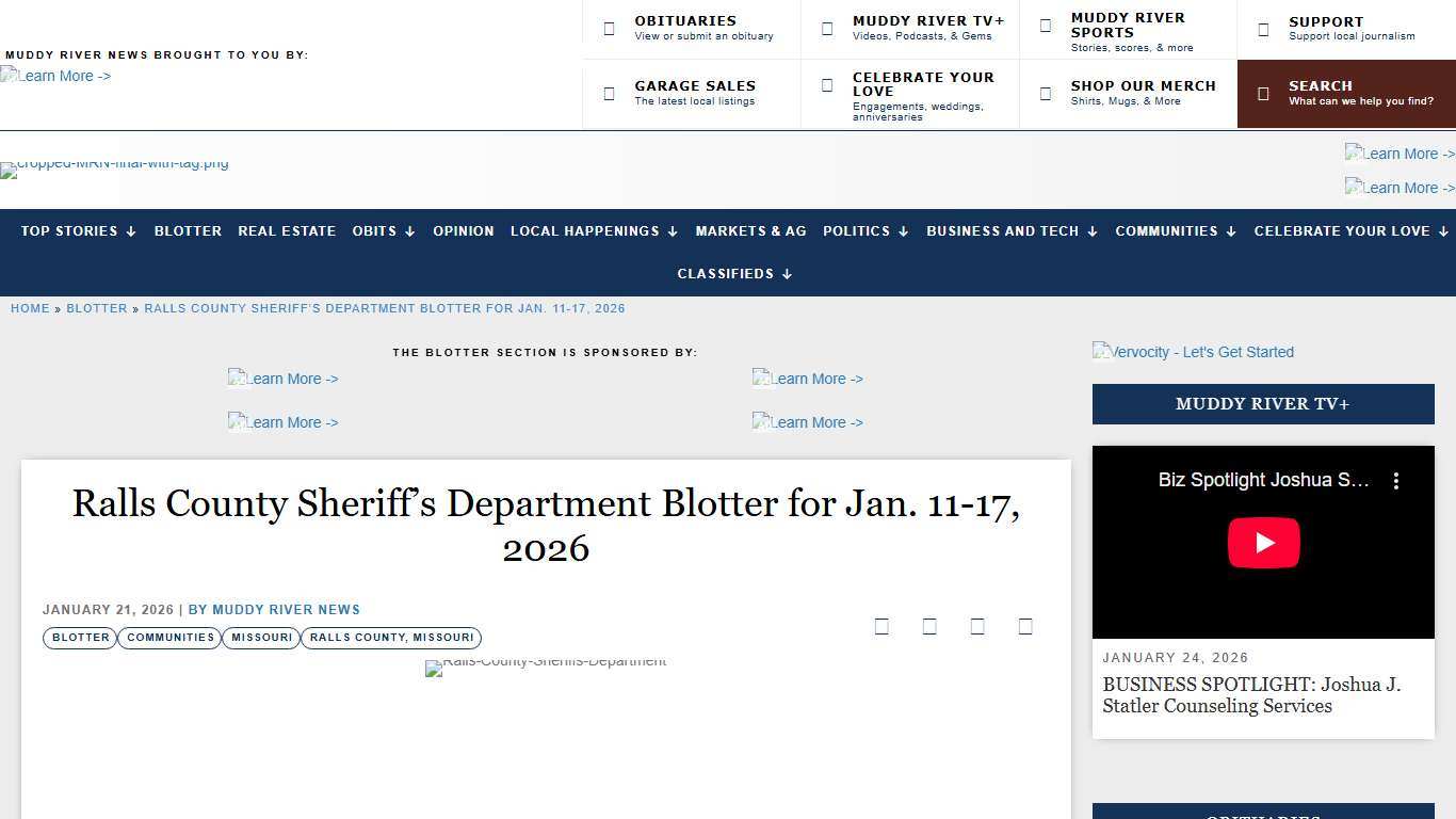 Ralls County Sheriff's Department Blotter for Jan. 11-17, 2026 – Muddy River News
